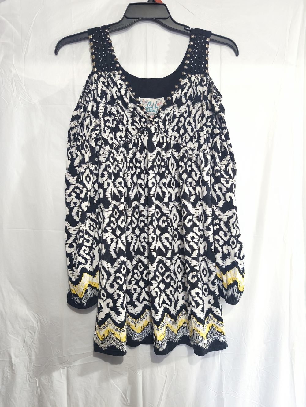 Boho Black & White Printed Tunic with Yellow Accent